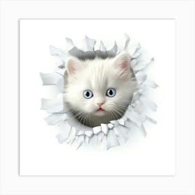 White Kitten Peeking Out Of A Hole Art Print