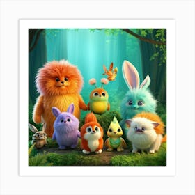 Fantasy Creatures Cluster Each Exhibiting Unique Special Abilities In A Whimsical Forest Fur Brush Art Print