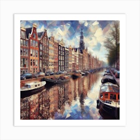 Amsterdam Canal - A canal scene in Amsterdam, but the houses and boats are not reflected in the water in a normal way. Instead, they are reflected in a distorted and fractured way, creating a sense of illusion and fantasy. The scene is rendered in a realistic, painterly style. Art Print