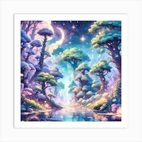 A Fantasy Forest With Twinkling Stars In Pastel Tone Square Composition 77 Art Print