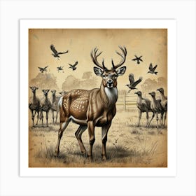 Deer And Birds Art Print