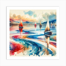 Boats Sea Water Artwork Painting Square Art Print