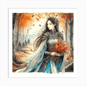 Portrait Of A Beautiful Girl In The Forest Vector Style Into Raster Format Art Print