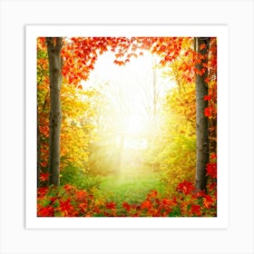 Autumn Frame Embracing Bright Foliage Maple Leaves Transitioning From Green To Vivid Shades Of Oran (4) Art Print