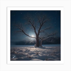 Moonlight On A Tree In A Snowy Field Photo Art Print