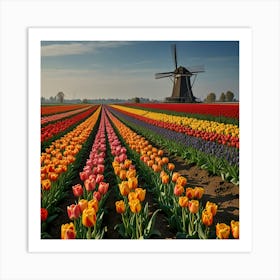 A Vibrant Tulip Field In The Netherlands With Rows Of Colorful Flowers And A Windmill In The Background 2 Art Print