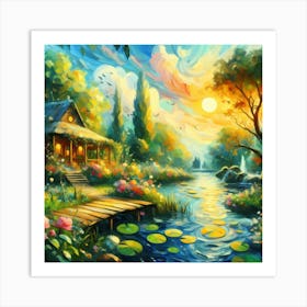 Cottage On The Pond Art Print