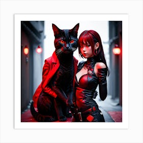 Black Cat And Girl Art Print