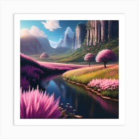 Pink Flowers In A Valley Art Print