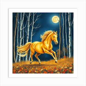 Golden Horse In The Forest 1 Art Print