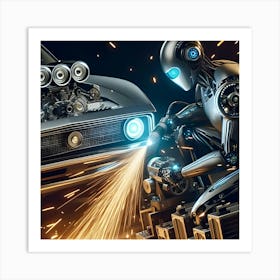 Futuristic Robot Working On Muscle Car Art Print