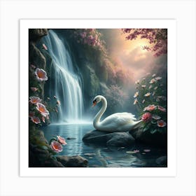 Swan In A Waterfall 2 Art Print