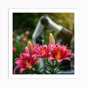 Pink Lilies In The Garden Art Print