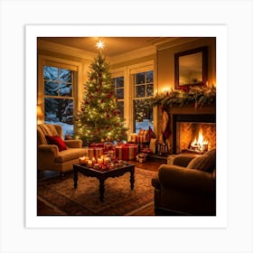 A Cozy Winter Evening By A Roaring Fireplace An Ornately Decorated Christmas Tree Situated In The C (5) Art Print