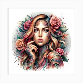 Tattooed Girl With Roses Art Print