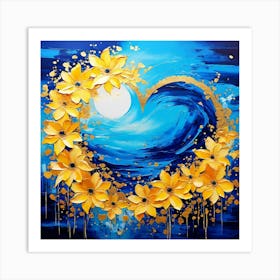 Heart Shaped Floral Canvas Artwork Floral Blue, Gold and Yellow Art Print