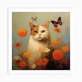 Cat & Butterflies in the Flowerbed Art Print