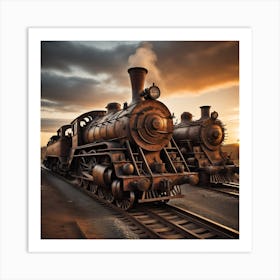 Steam Locomotives At Sunset Created using Imagine AI Art Art Print