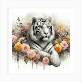 White Tiger With Flowers Art Print