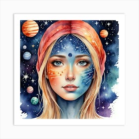 Watercolor Of A Girl With Planets 3 Art Print