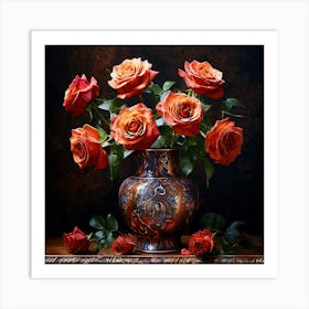 Watercolor Terracotta Vase Beautiful Roses Studio Photography Complex Details High Detail Art Print