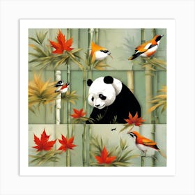 Panda Bear And Birds Art Print