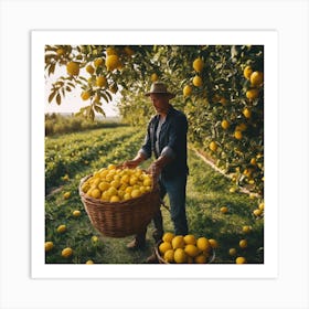 Farmer Picking Lemons In An Orchard 1 Art Print