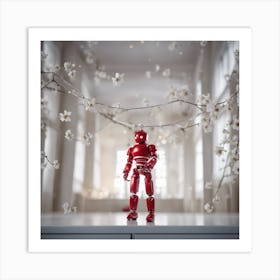 Porcelain And Hammered Matt Red Android Marionette Showing Cracked Inner Working, Tiny White Flowers (2) Art Print