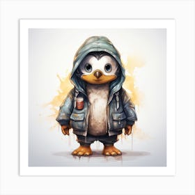 Watercolour Cartoon Penguin In A Hoodie 3 Art Print