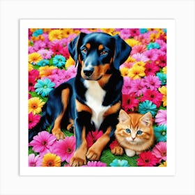 Photography Of Cute Dog and Cat Friendship Art Print