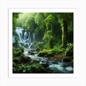 A majestic waterfall flowing through a lush rainforest3 Art Print