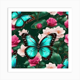 Blue Butterflies And Roses Art Print