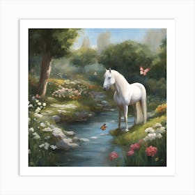 White Horse By The Stream Art Print