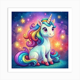 Rainbow Unicorn In A Starry Sky Art Print