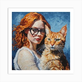 Red Haired Girl With Cat Art Print