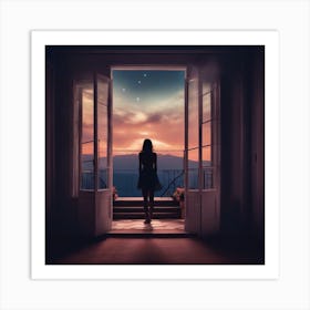 Girl Standing In Front Of A Door Art Print