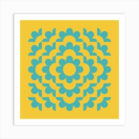 Midcentury Modern Abstract Geometric Flower Pattern Floral in blue teal mustard 1 Art Print