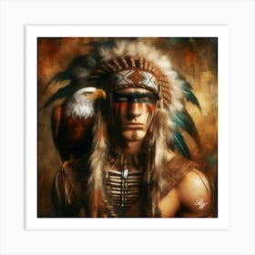 Oil Texture Native American Indian With Hawk On Shoulder 2 Art Print