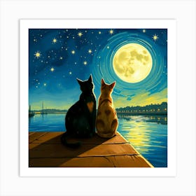 Two Cats Watching The Moon Art Print