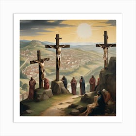 An Expansive Scene Portraying The Crucifixion Of Jesus Marked By A Crown Of Thorns Adorning His Hea 870410497 Art Print