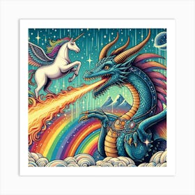 Unicorn And Dragon On A Rainbow Art Print