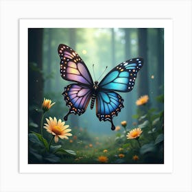 A Mystical Butterfly With Jeweled Wings, Fluttering Near A Giant Daisy In An Enchanted Forest Art Print