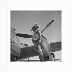 Working On The Nose Of One Engine Of An Interceptor Plane, Lake Muroc, California By Russell Lee Art Print