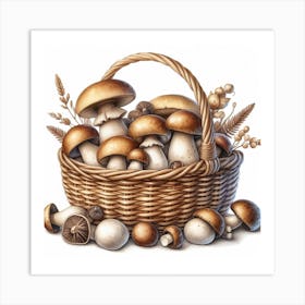 Mushrooms in a wicker basket 1 Art Print