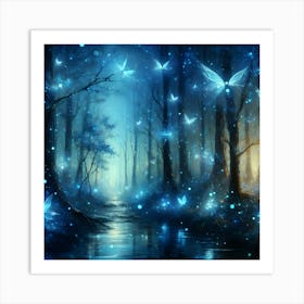 Fairy Forest With Trees And Glowing Blue Leaves, Painting Art Art Print