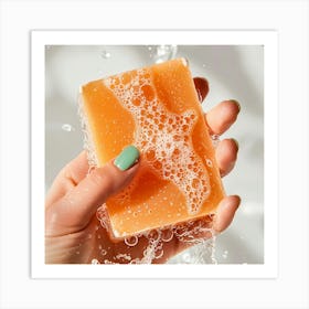 A Close Up Of Woman Holding An Orange Soap Art Print