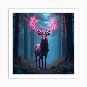 A Majestic Stag With Antlers Of Flowing, Neon Patterns Standing In A Dreamlike Forest Art Print