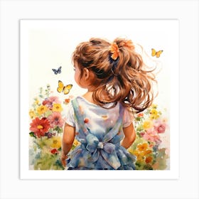 Little Girl With Butterflies, watercolor 1 Art Print