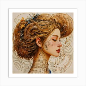 Weaving Of Music Notes, Beautiful Woman, Oil Art Print