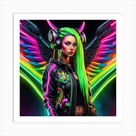 Neon Girl With Wings Art Print